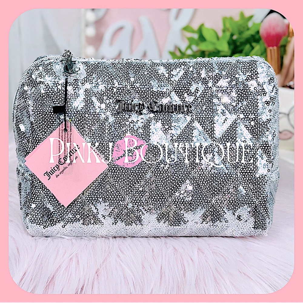 💗💄{Juicy Couture} Beautiful Silver {Sequins} Cosmetic Case | Makeup Bag!